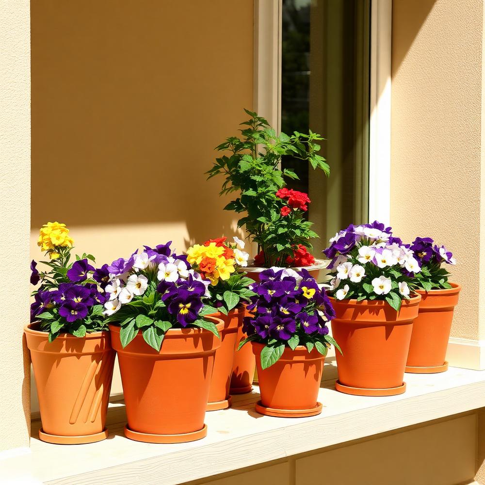 Viole del pensiero in vasi di terracotta su un davanzale soleggiato